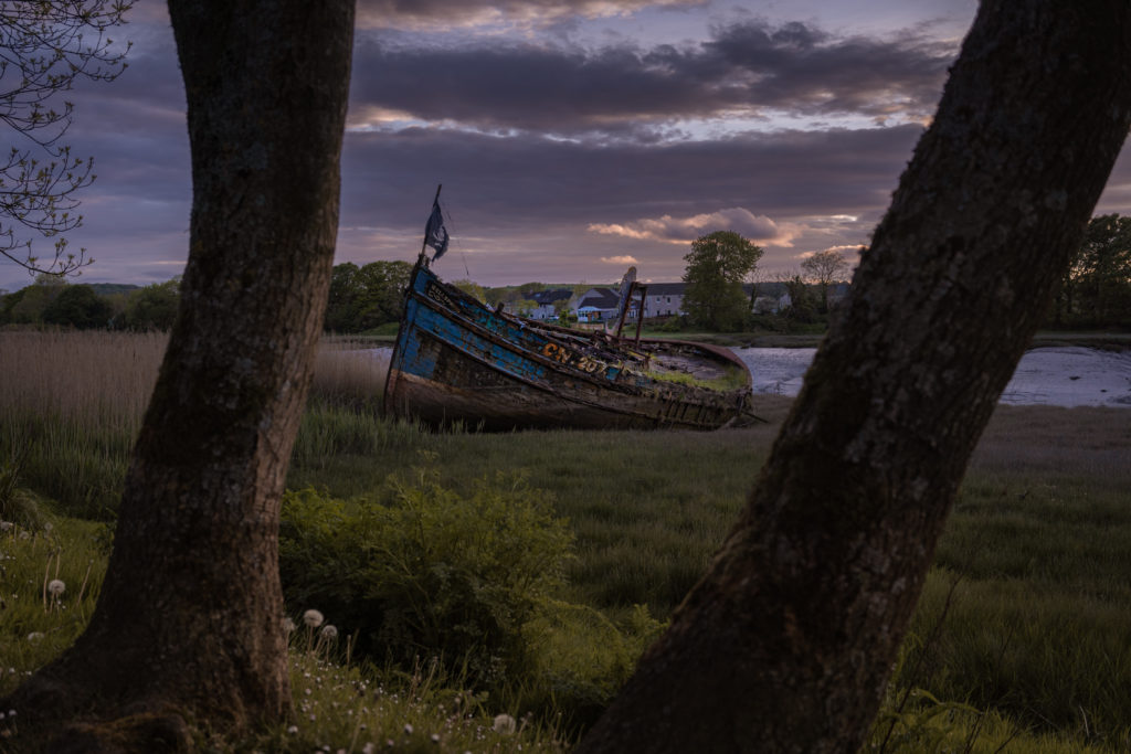 A wrecked boat on a river embankment viewed between two tree trunks at dusk.