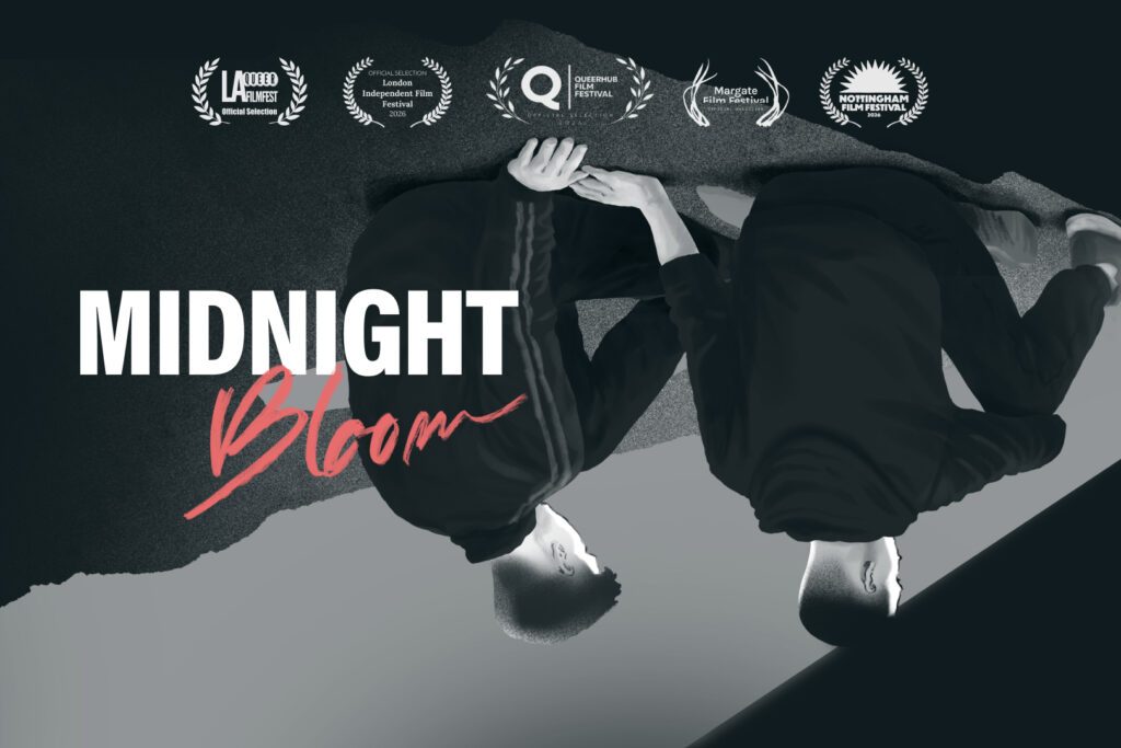 Graphic artwork showing two young men in tracksuits sitting in a beam of light. The image is inverted so they appear upside down. The title of the tilm is emblazoned across the image and festival laurels appear across the top.