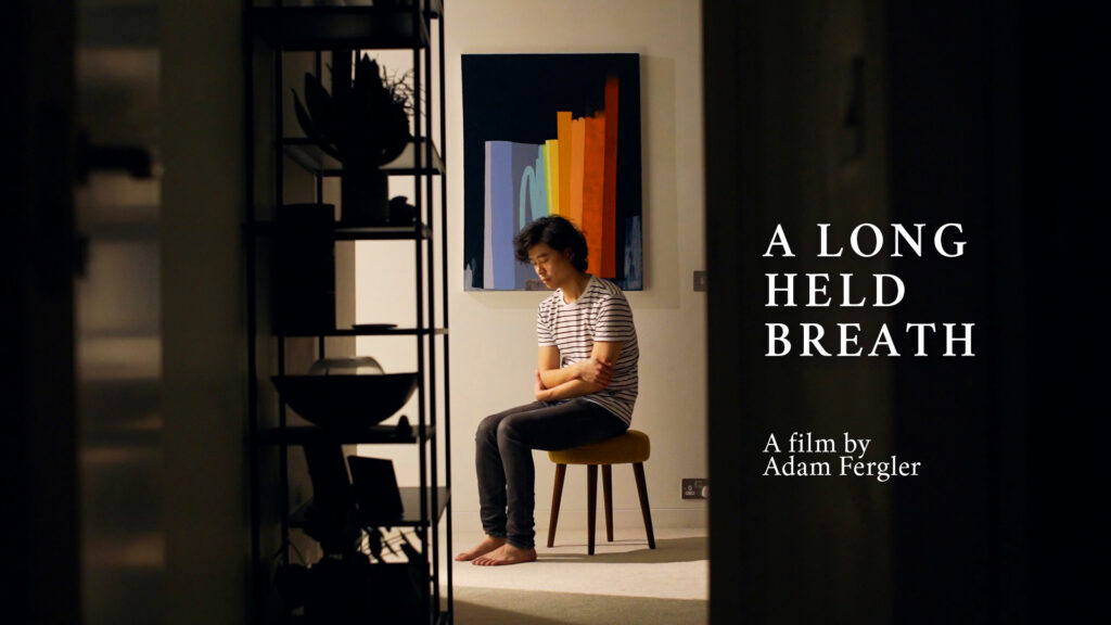 A man sits on a stool in a pool of light. The setting is domestic and a brightly coloured painting is on the wall behind him. In the shadows to the right is the title of the film.